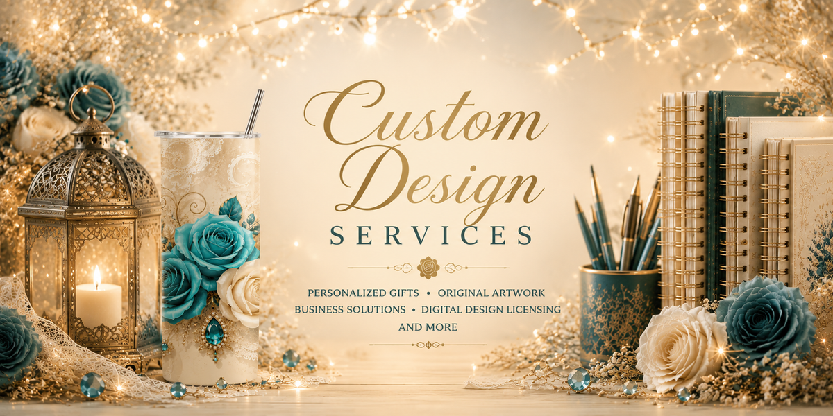 Custom Design Services by Scorpion Rose Designs featuring personalized gifts, original artwork, business solutions, and digital design licensing.