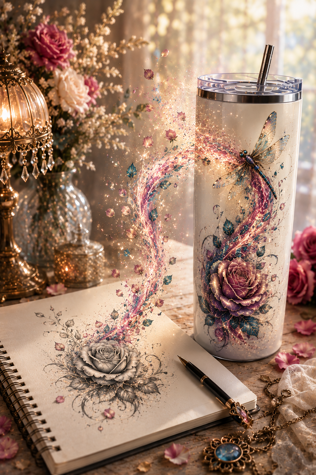 Custom tumbler beside an original rose sketch, representing how Scorpion Rose transforms meaningful ideas into personalized gifts.