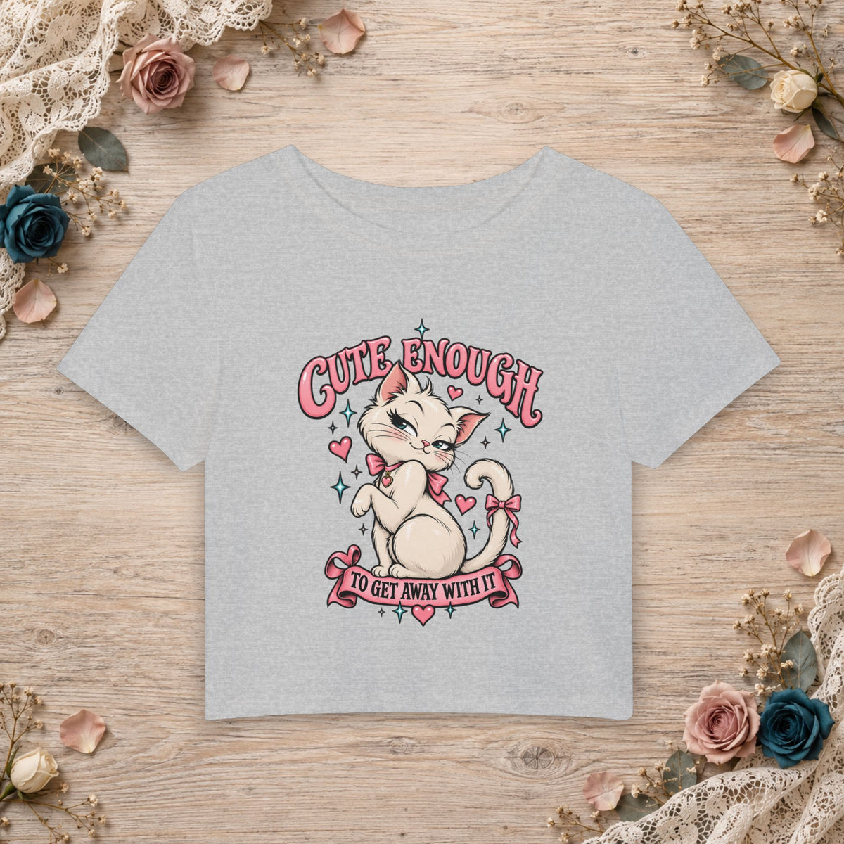 Athletic Heather women’s micro baby tee with Cute Enough to Get Away With It cat artwork