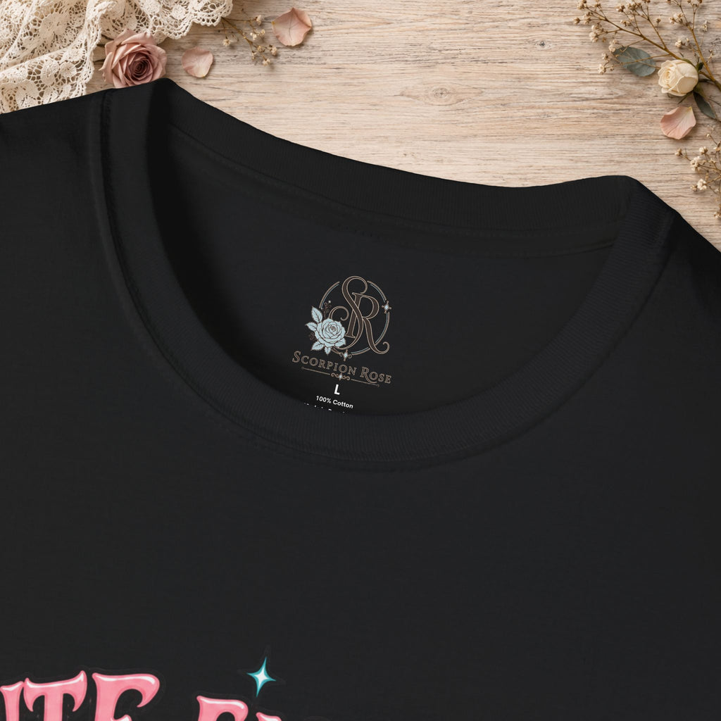 Collar and print detail of the Black Cute Enough to Get Away With It unisex T-shirt