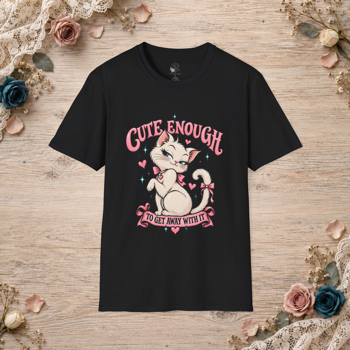Black unisex T-shirt with Cute Enough to Get Away With It white cat artwork