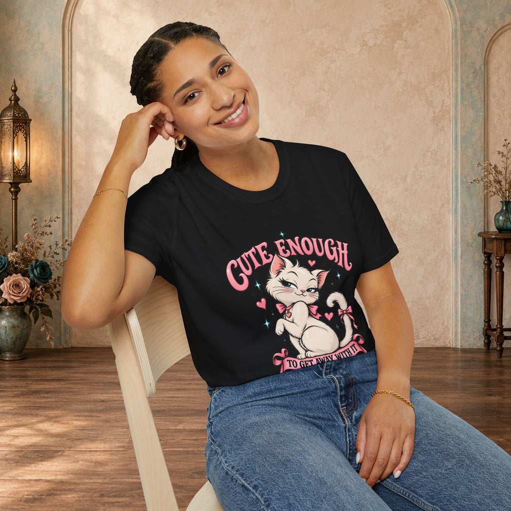 Woman modeling a Black Cute Enough to Get Away With It unisex graphic T-shirt