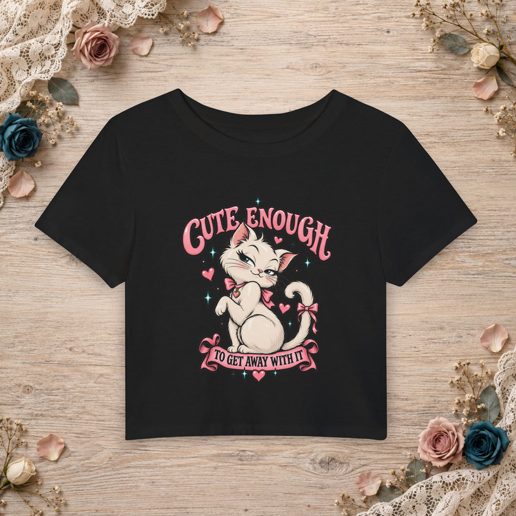 Black Caviar women’s micro baby tee with Cute Enough to Get Away With It cat artwork