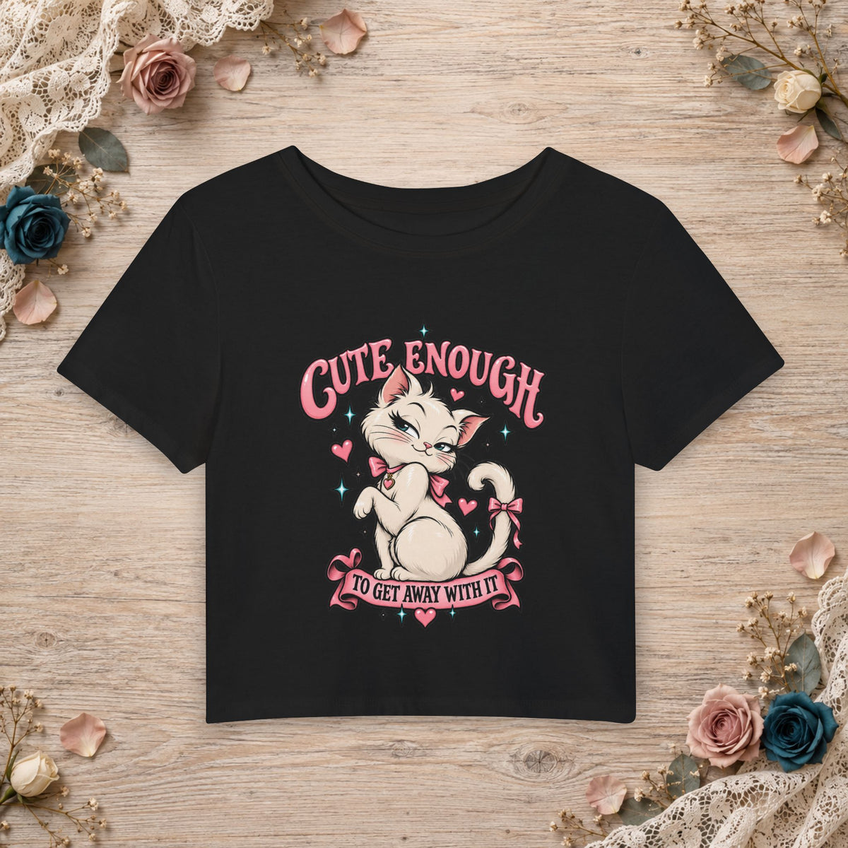 Black Caviar women’s micro baby tee with Cute Enough to Get Away With It cat artwork
