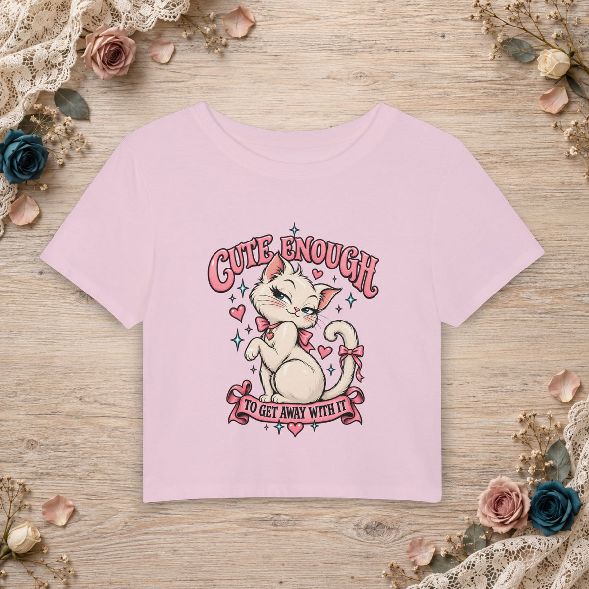 Cherry Blossom women’s micro baby tee with Cute Enough to Get Away With It cat artwork