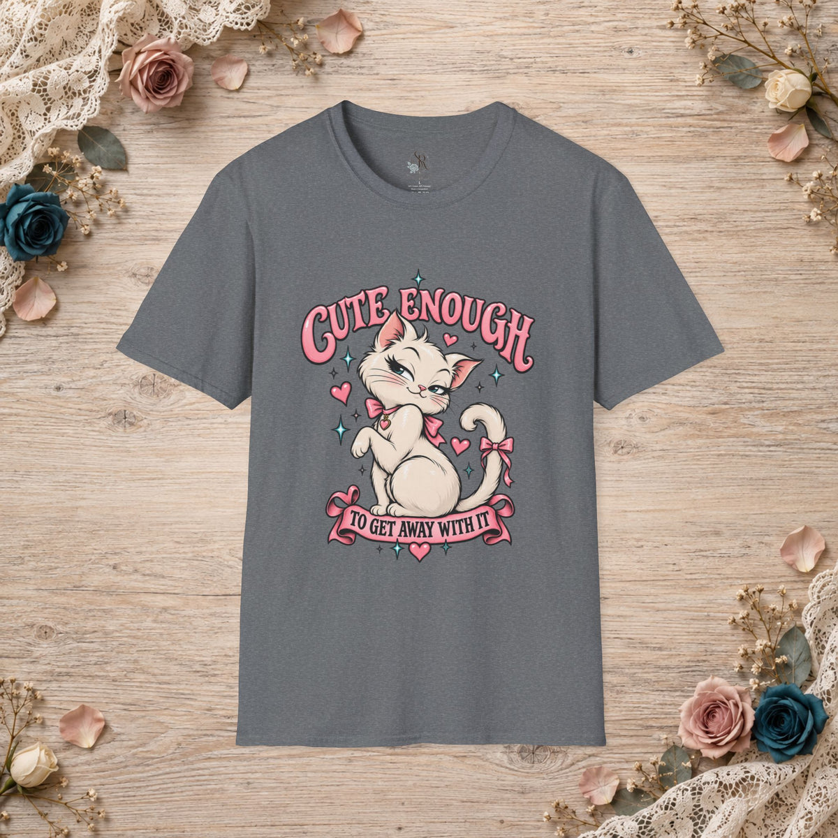 Graphite Heather unisex T-shirt with Cute Enough to Get Away With It white cat artwork
