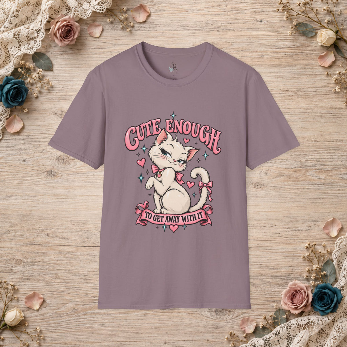 Heather Berry unisex T-shirt with Cute Enough to Get Away With It white cat artwork