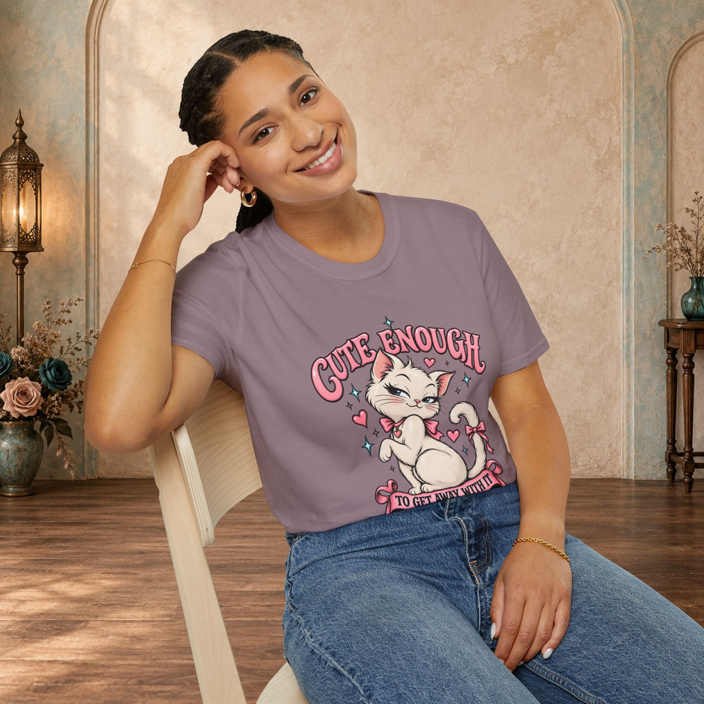Woman modeling a Heather Berry Cute Enough to Get Away With It unisex graphic T-shirt