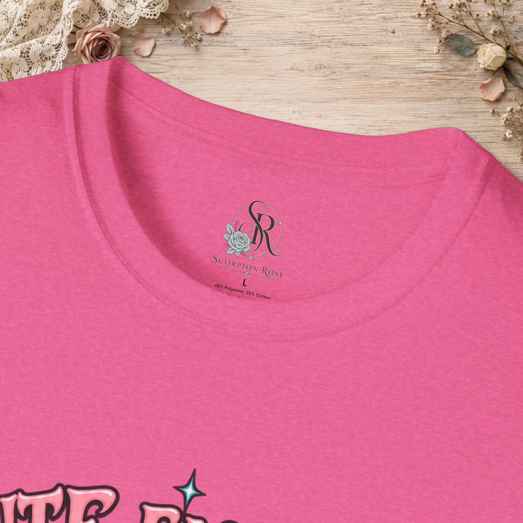 Collar and print detail of the Heather Heliconia Cute Enough to Get Away With It unisex T-shirt