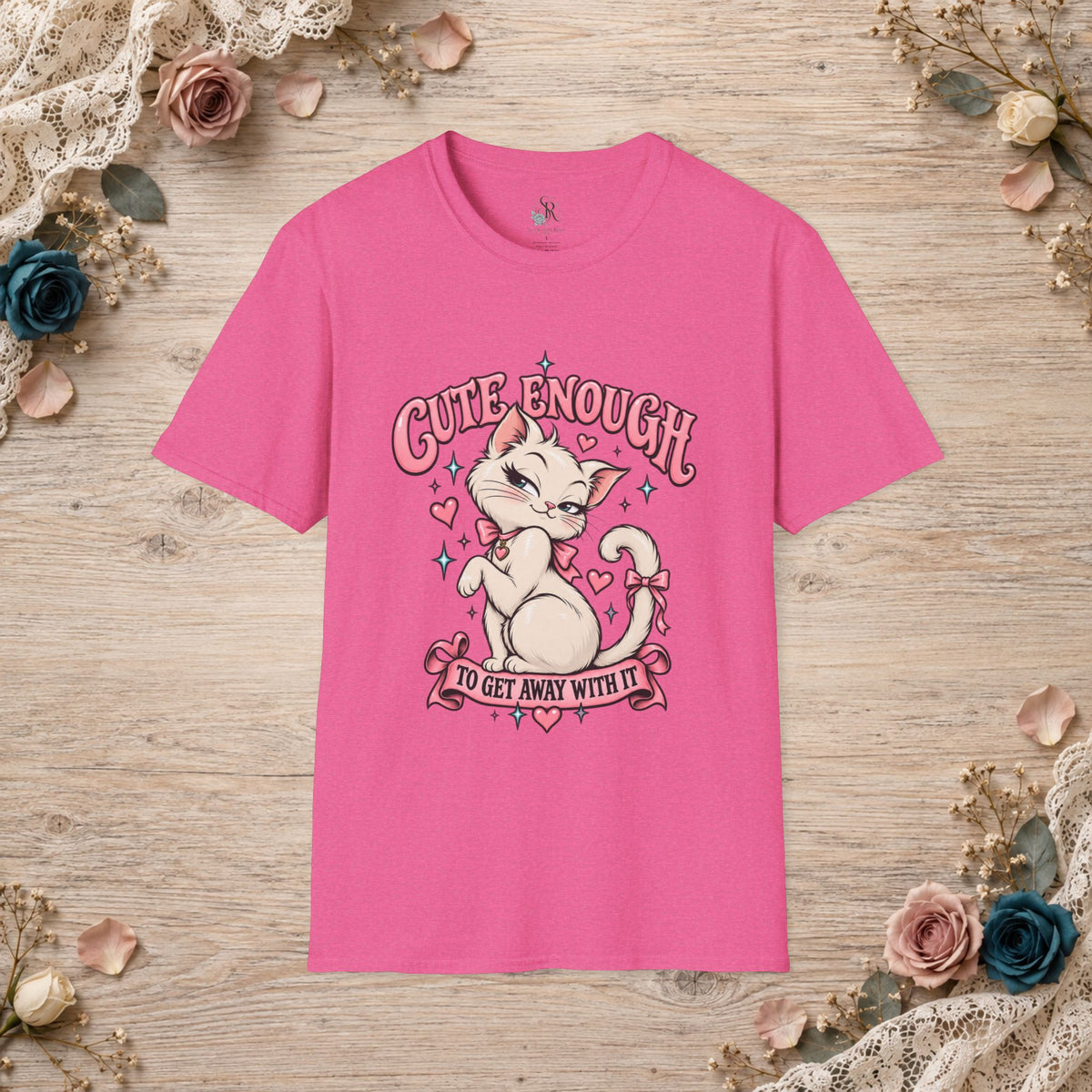 Heather Heliconia unisex T-shirt with Cute Enough to Get Away With It white cat artwork