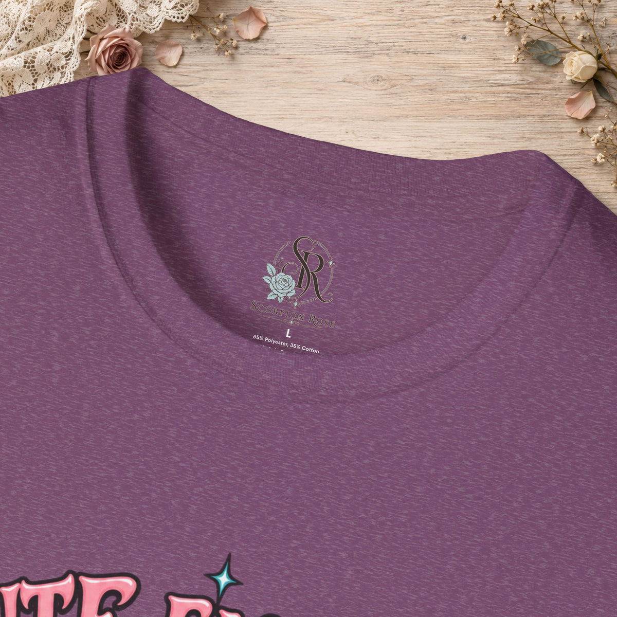 Collar and print detail of the Heather Maroon Cute Enough to Get Away With It unisex T-shirt