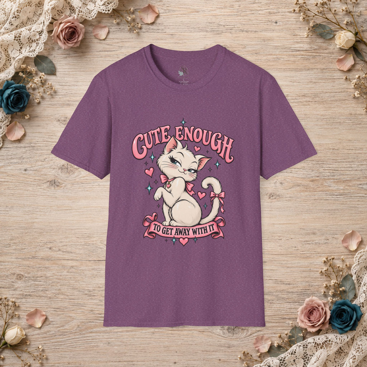 Heather Maroon unisex T-shirt with Cute Enough to Get Away With It white cat artwork