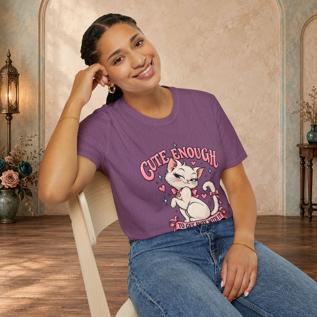 Woman modeling a Heather Maroon Cute Enough to Get Away With It unisex graphic T-shirt