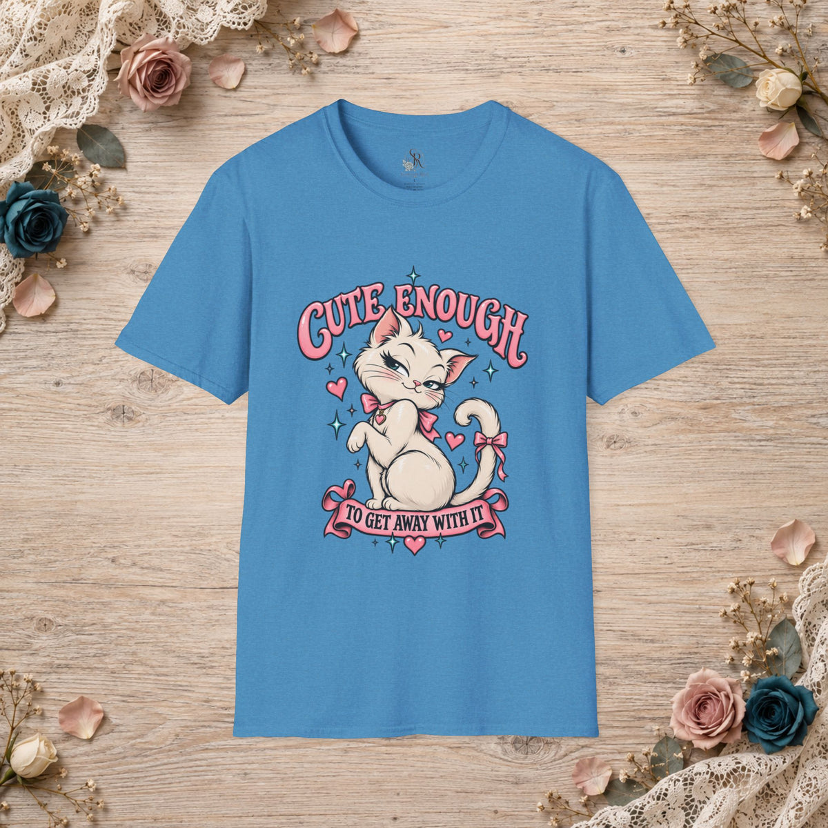 Heather Sapphire unisex T-shirt with Cute Enough to Get Away With It white cat artwork