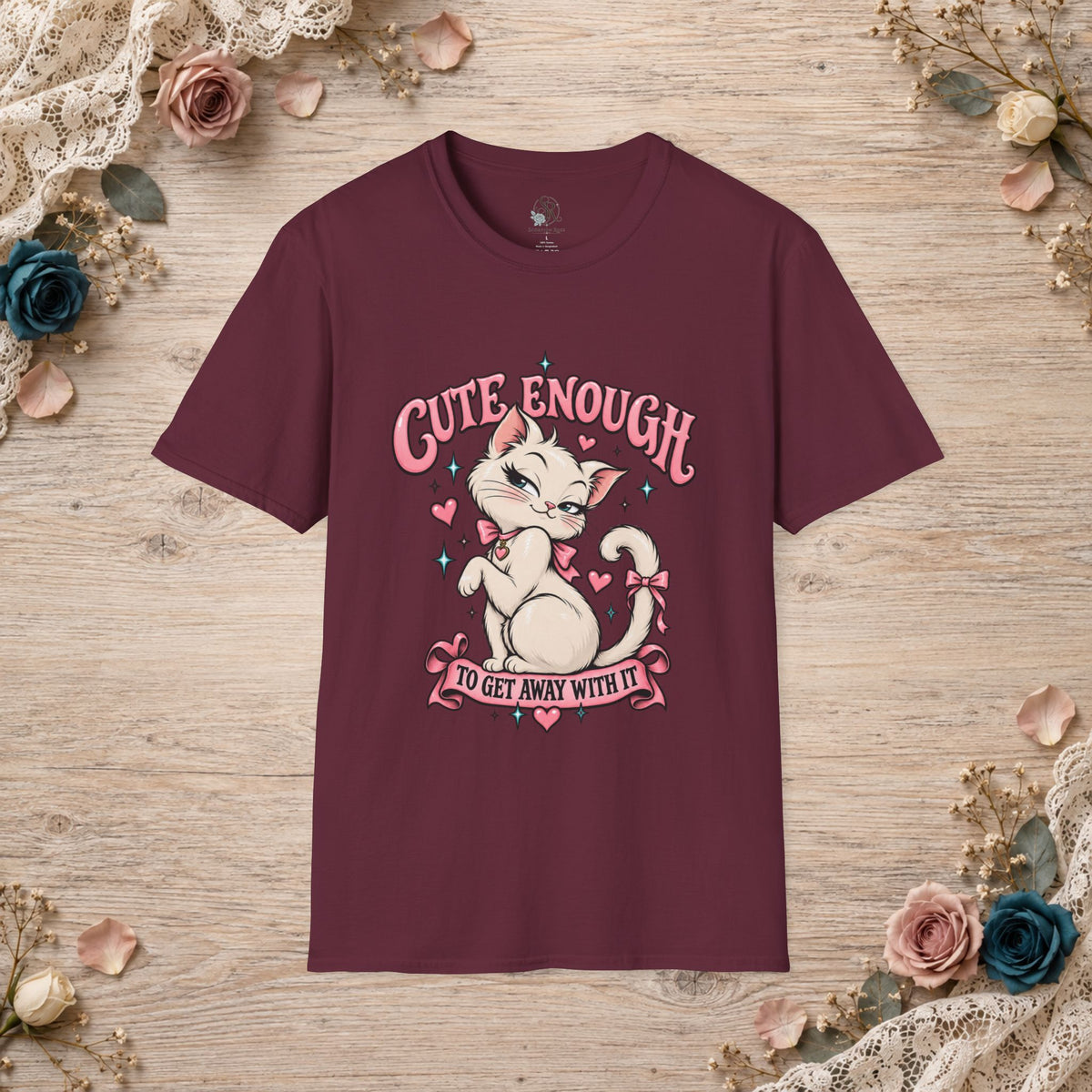 Maroon unisex T-shirt with Cute Enough to Get Away With It white cat artwork