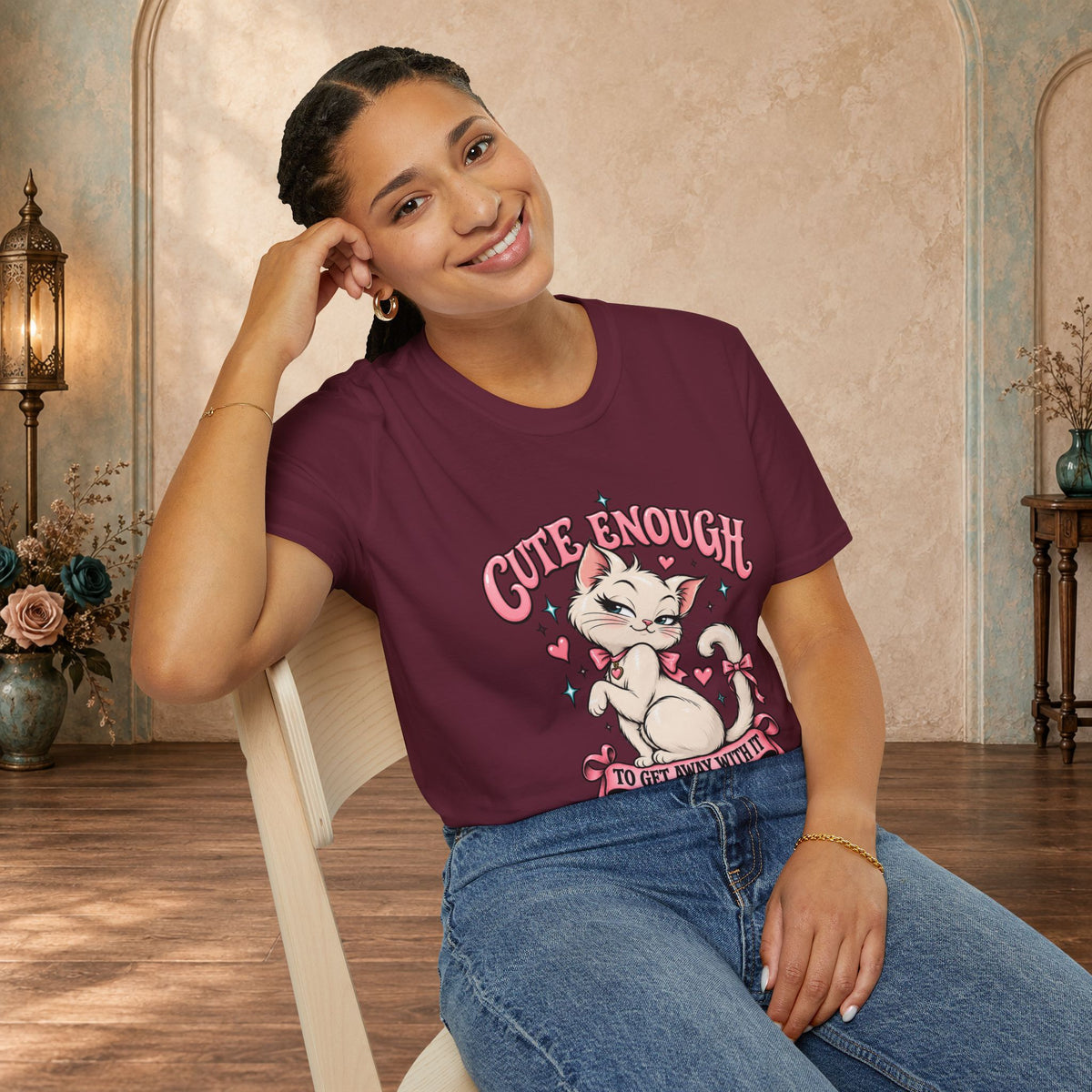 Woman modeling a Maroon Cute Enough to Get Away With It unisex graphic T-shirt