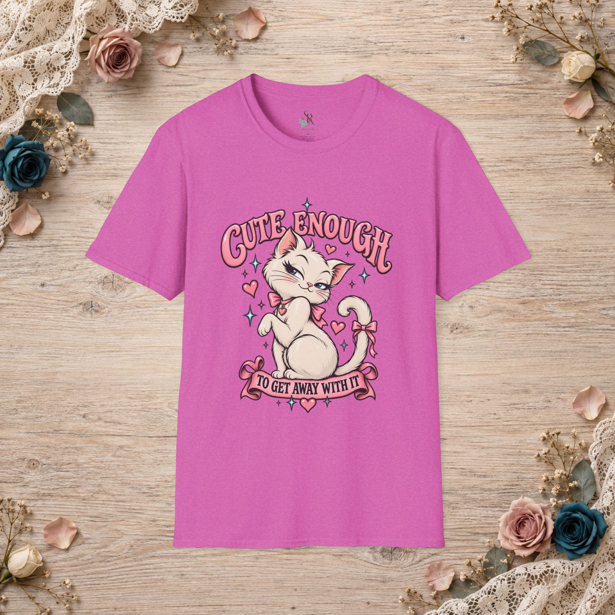 Paragon unisex T-shirt with Cute Enough to Get Away With It white cat artwork