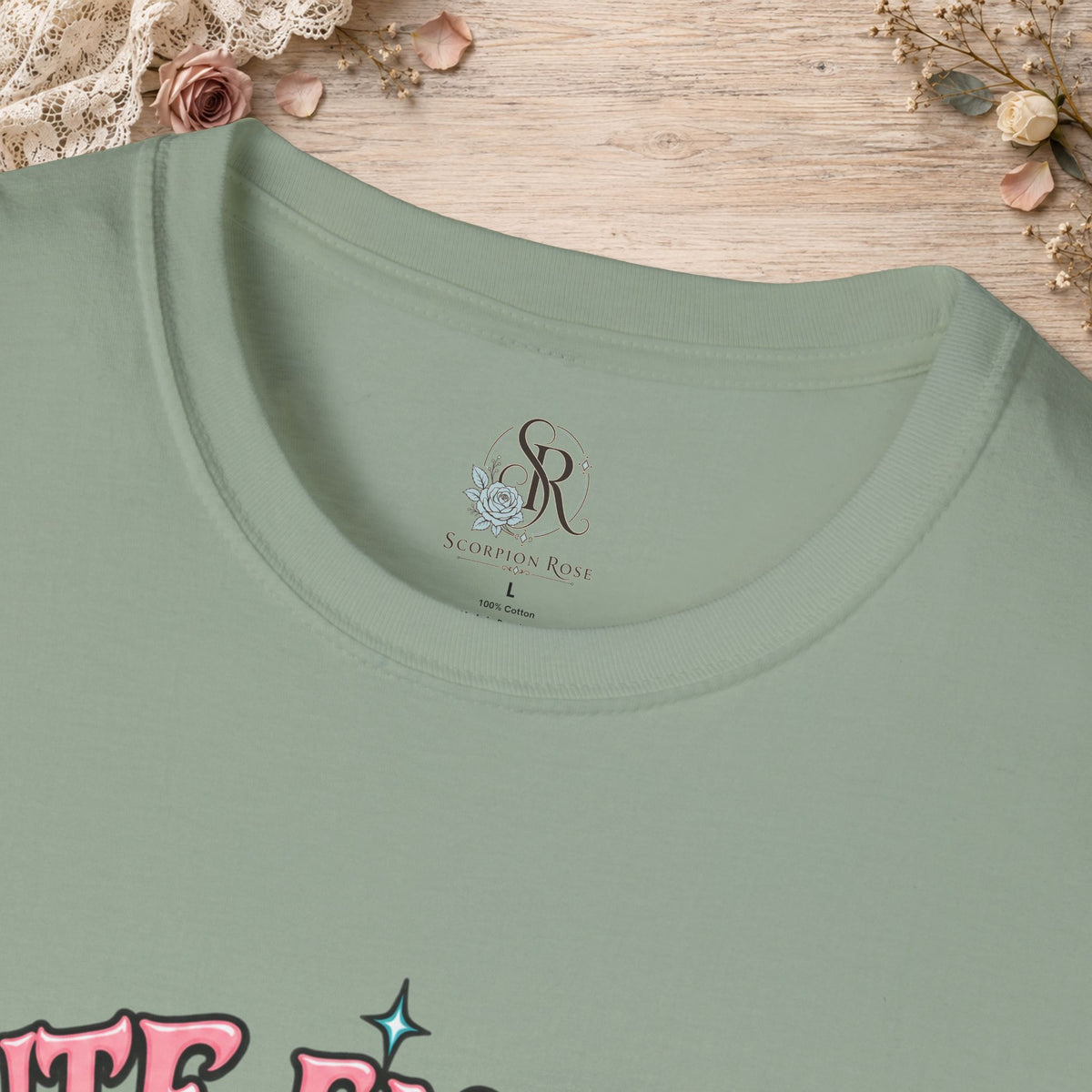 Collar and print detail of the Sage Cute Enough to Get Away With It unisex T-shirt