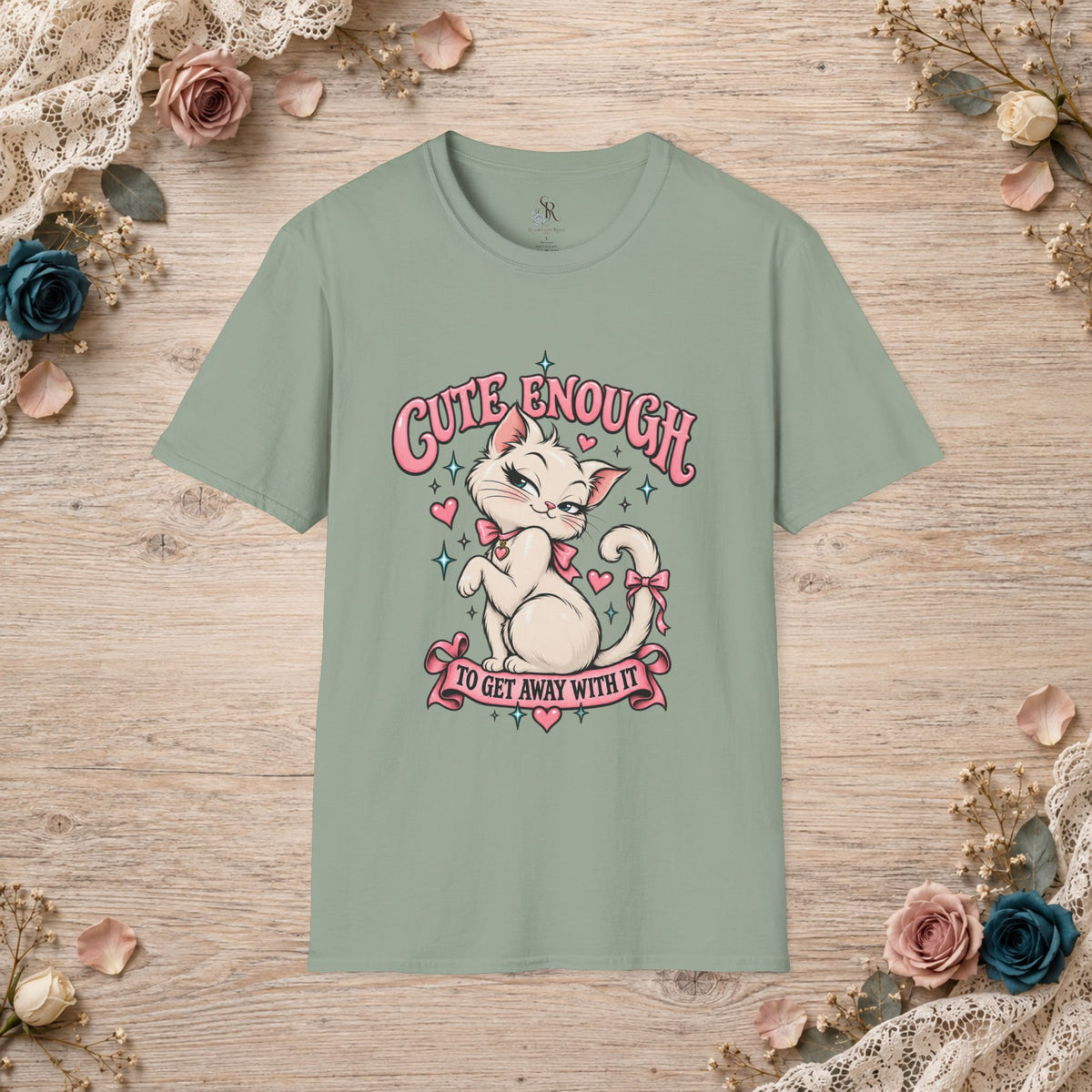 Sage unisex T-shirt with Cute Enough to Get Away With It white cat artwork