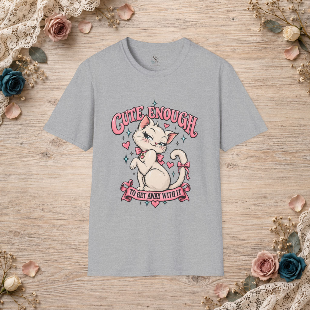 Sport Grey unisex T-shirt with Cute Enough to Get Away With It white cat artwork
