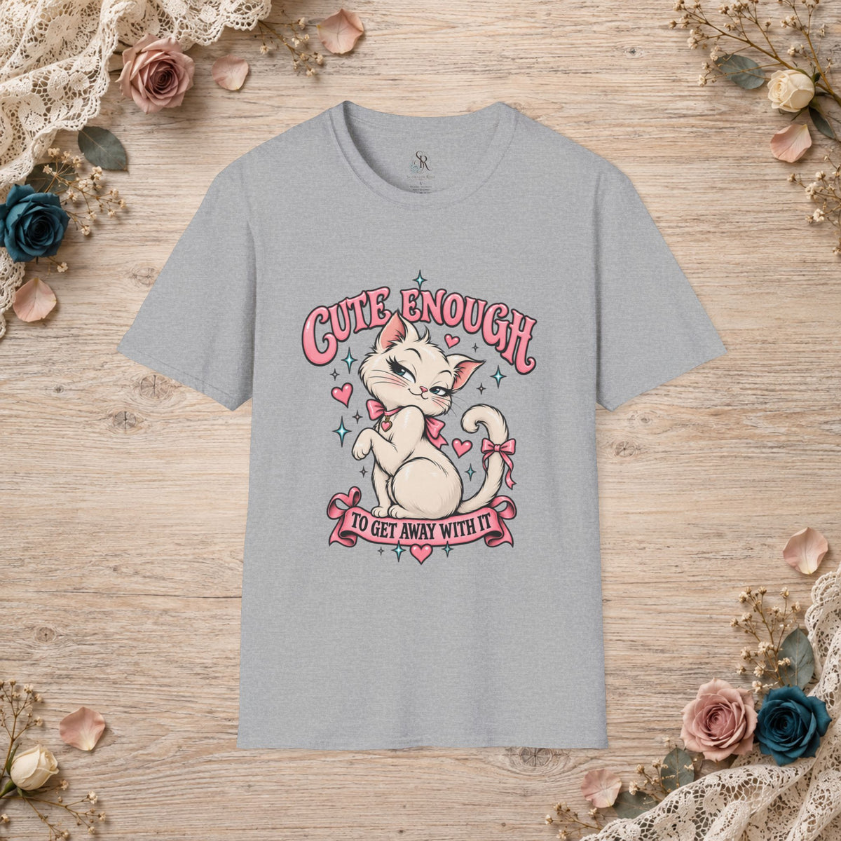Sport Grey unisex T-shirt with Cute Enough to Get Away With It white cat artwork