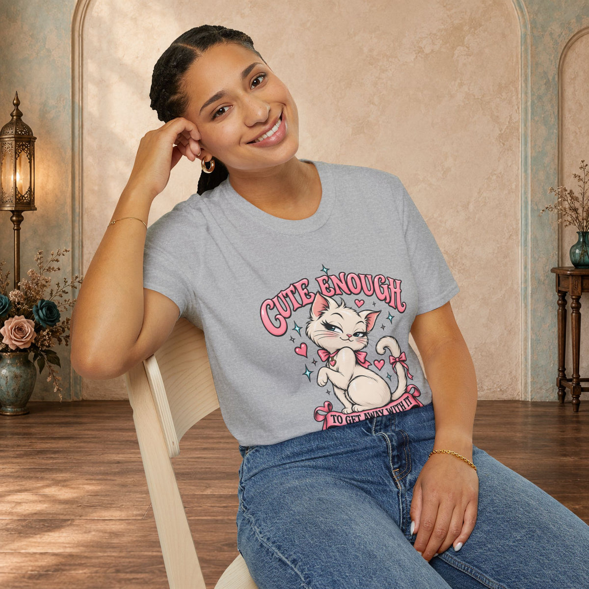 Woman modeling a Sport Grey Cute Enough to Get Away With It unisex graphic T-shirt