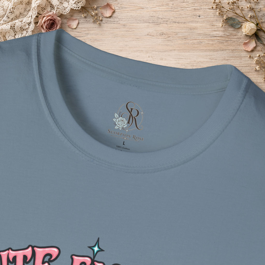 Collar and print detail of the Stone Blue Cute Enough to Get Away With It unisex T-shirt
