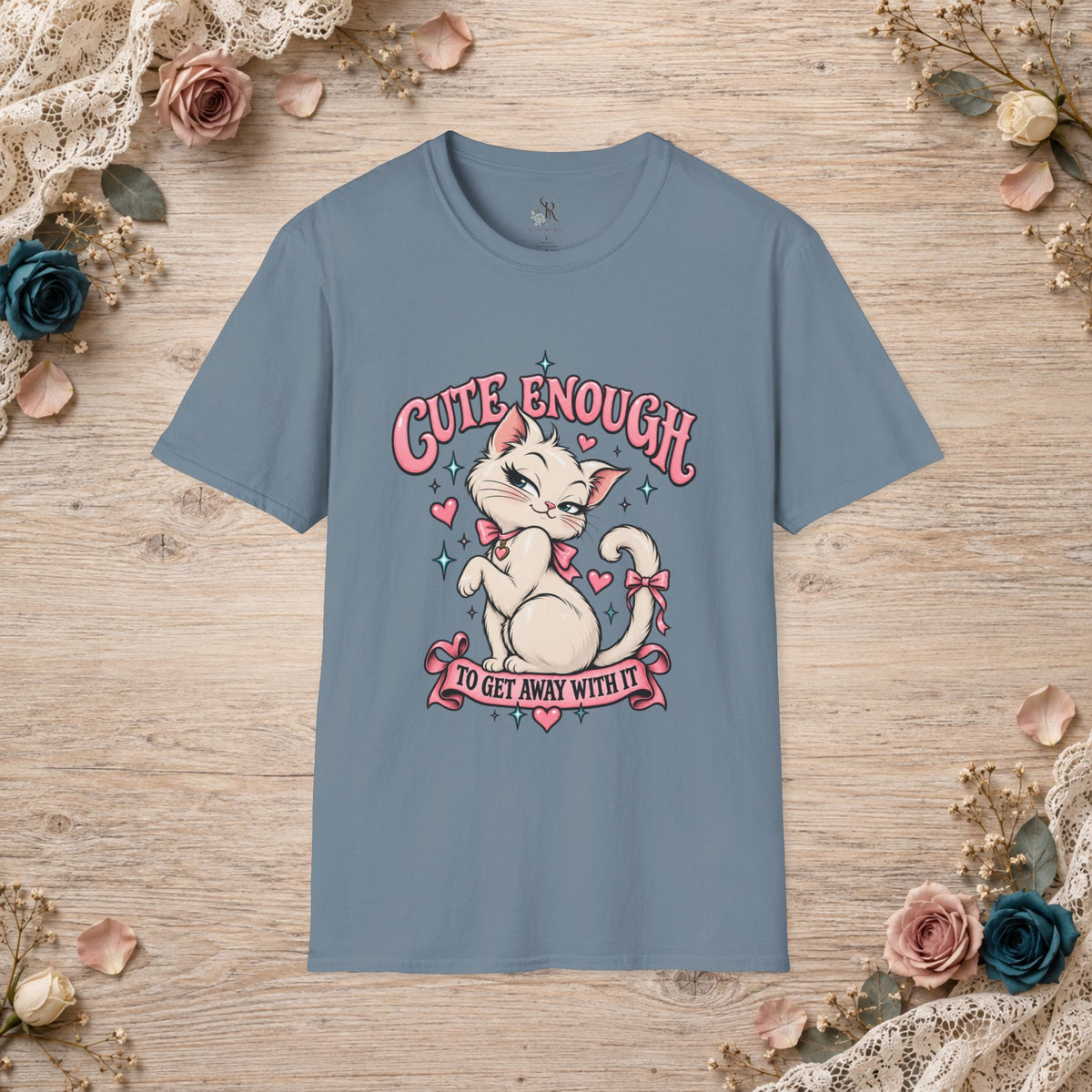 Stone Blue unisex T-shirt with Cute Enough to Get Away With It white cat artwork