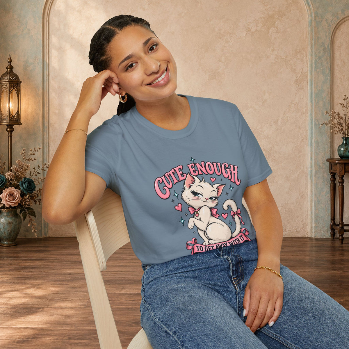 Woman modeling a Stone Blue Cute Enough to Get Away With It unisex graphic T-shirt