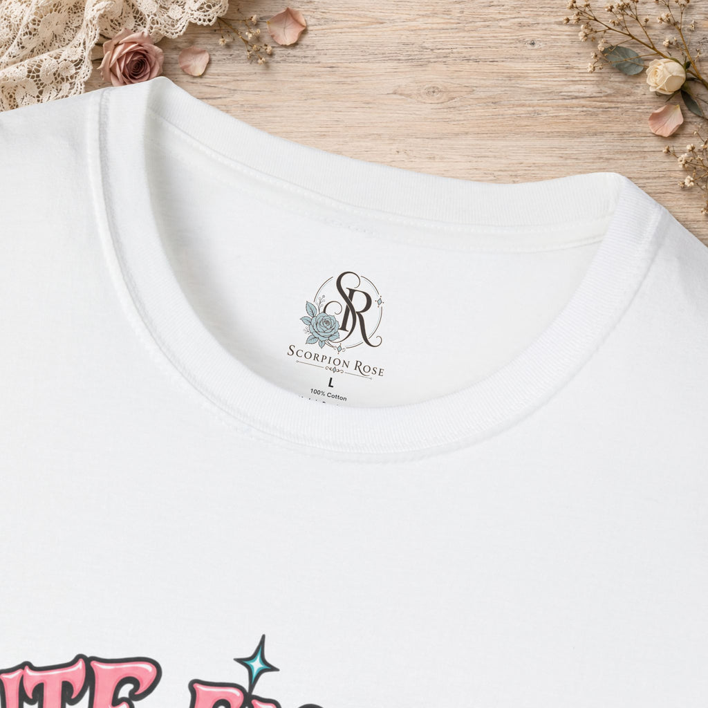 Collar and print detail of the White Cute Enough to Get Away With It unisex T-shirt