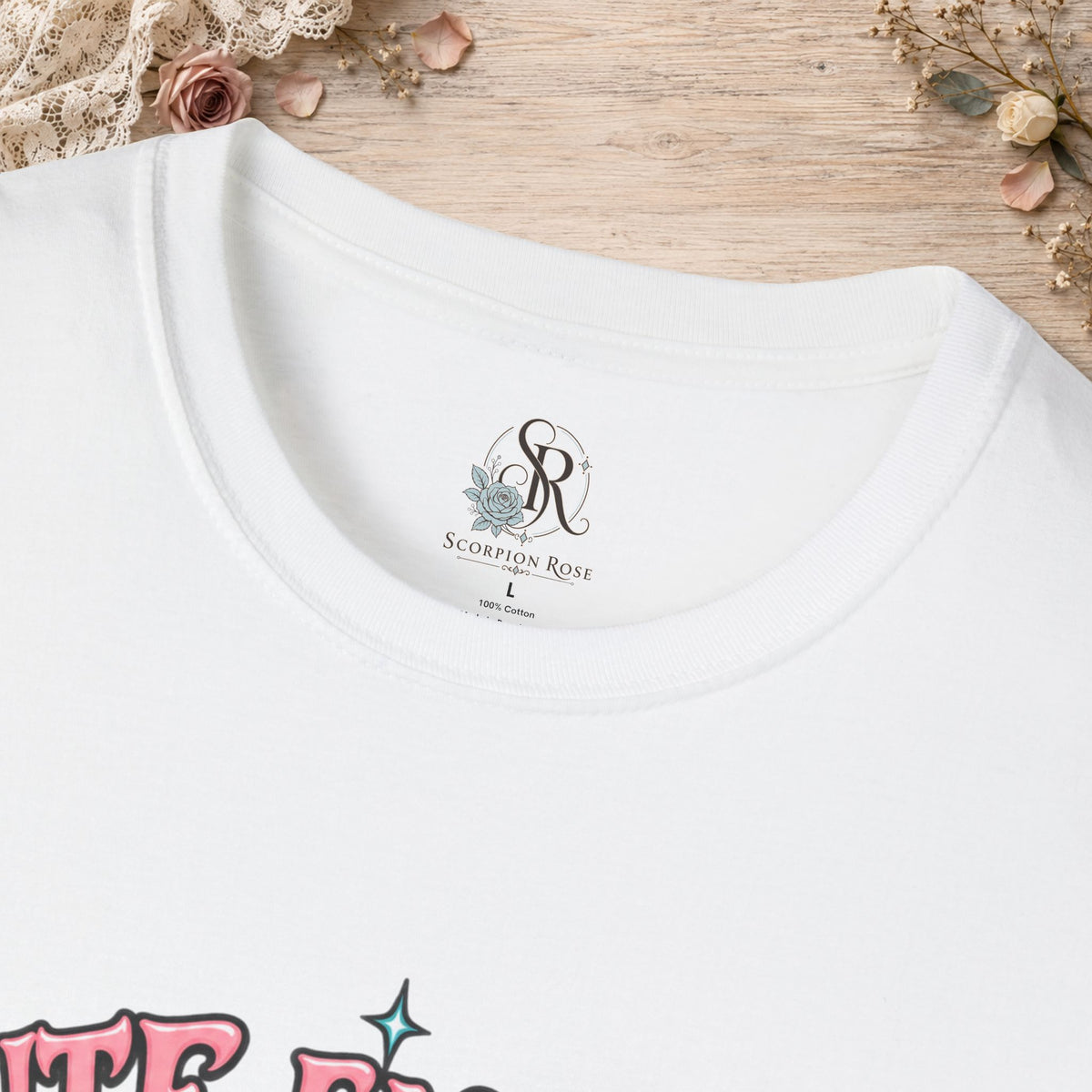 Collar and print detail of the White Cute Enough to Get Away With It unisex T-shirt
