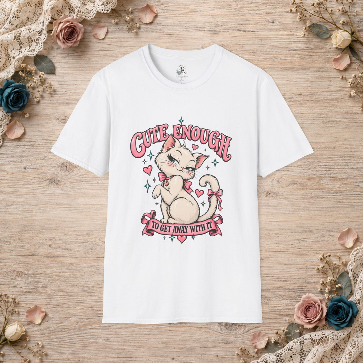 White unisex T-shirt with Cute Enough to Get Away With It white cat artwork