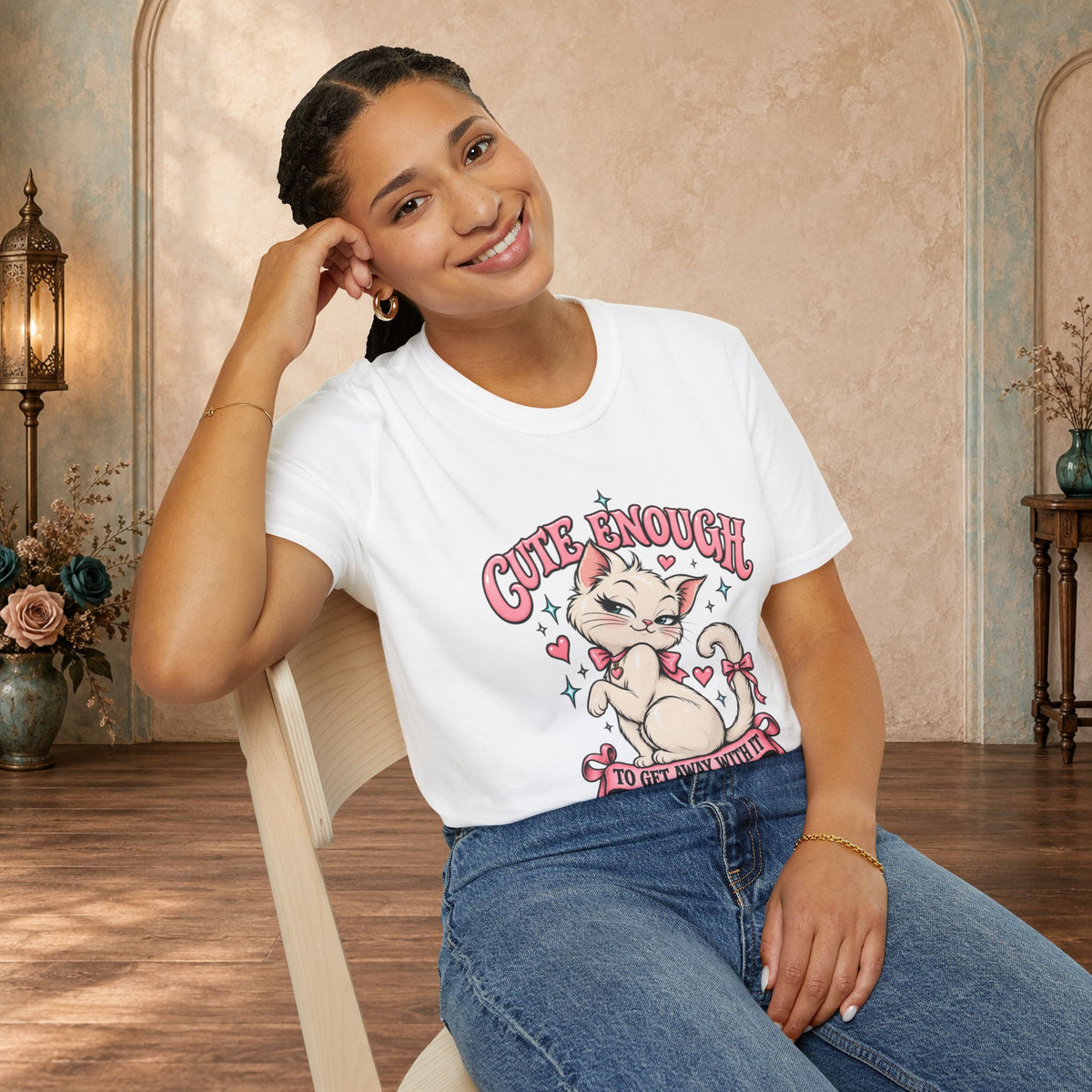 Woman modeling a White Cute Enough to Get Away With It unisex graphic T-shirt