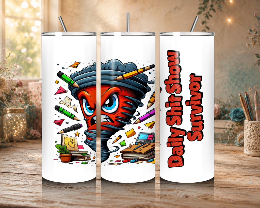 Daily Shit Show Survivor 20 oz tumbler design featuring an angry cartoon tornado surrounded by flying pencils, papers, notebooks, and colorful office supplies.
