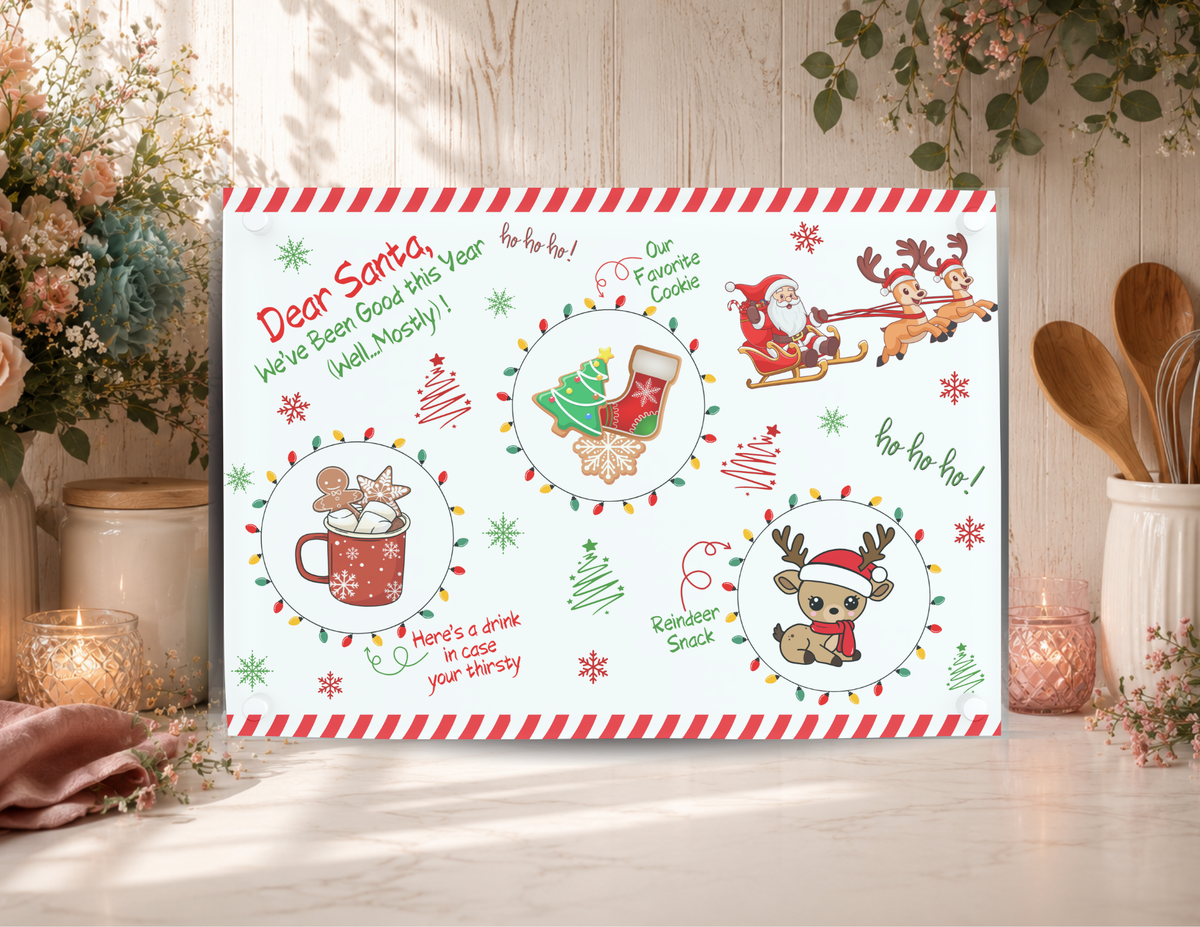 Dear Santa Mostly Good tempered glass cookie tray with spaces for cookies, a drink, and a reindeer snack