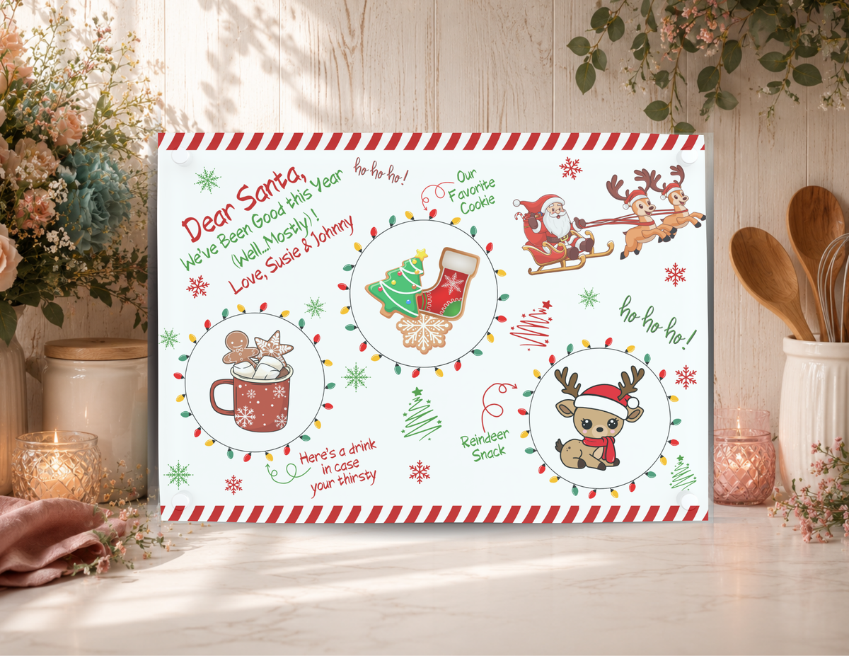 Personalized Dear Santa Mostly Good Christmas cookie tray with sample child names, cookies, a drink, and a reindeer snack