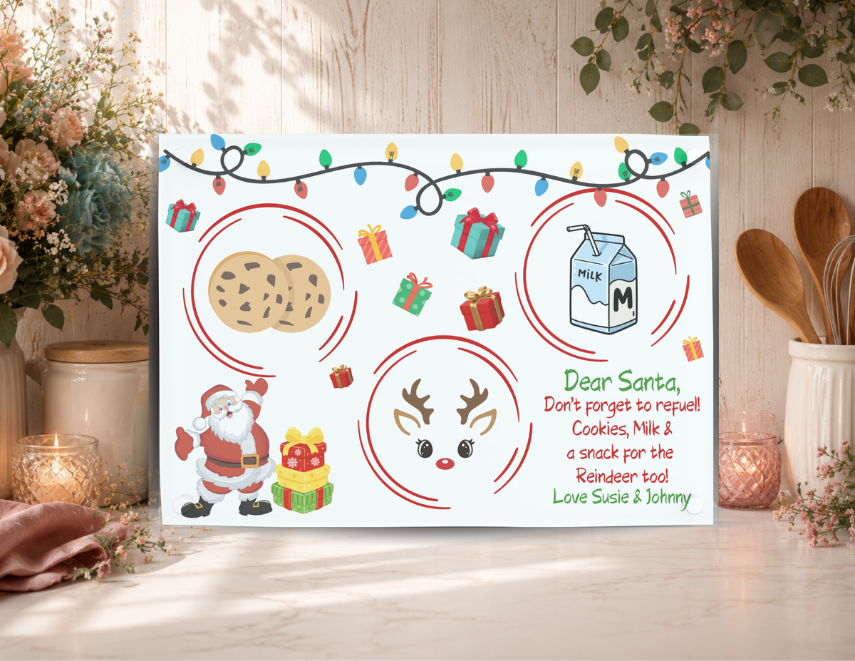 Personalized Santa Refuel Christmas cookie tray with spaces for cookies, milk, and a reindeer snack and sample child names