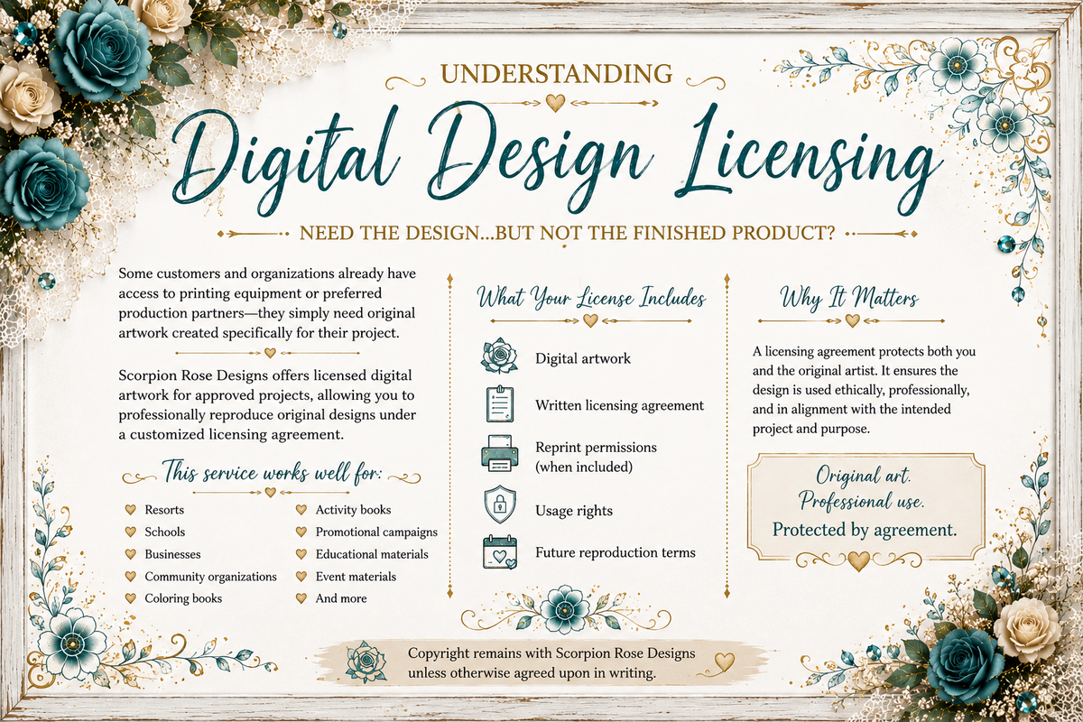 Scorpion Rose digital design licensing information for businesses and organizations seeking original artwork, usage rights, and reprint permissions.