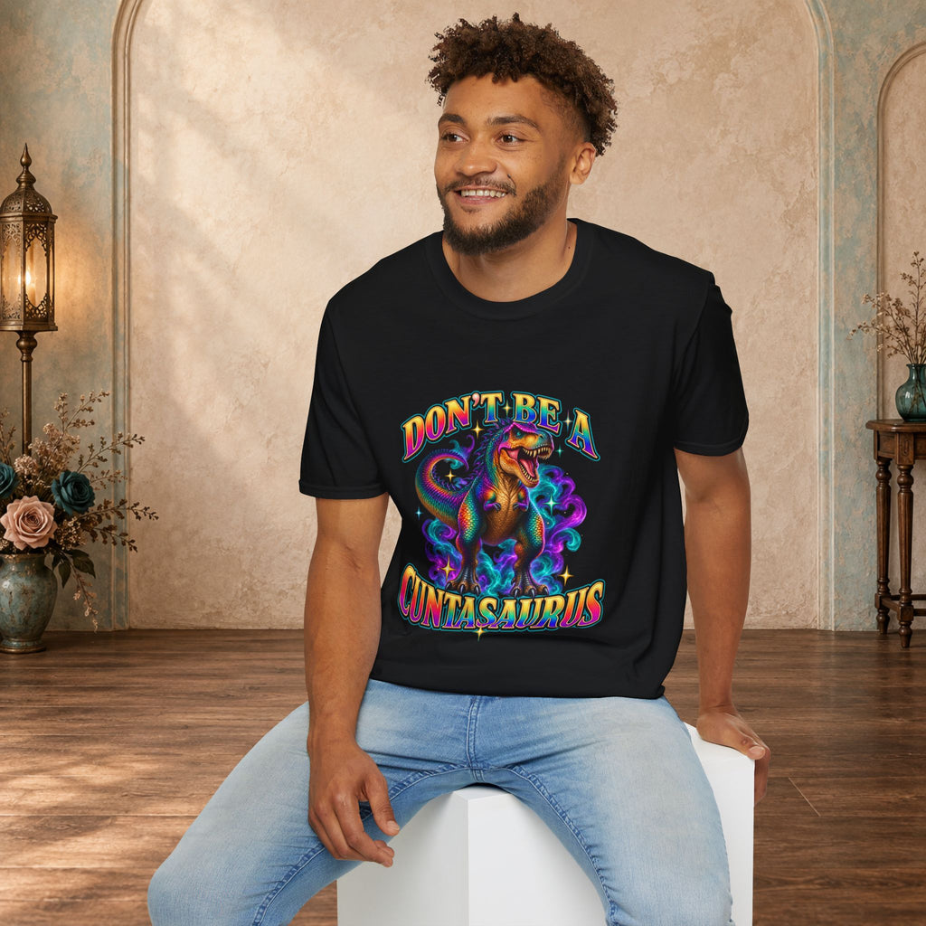 Man wearing a black Don’t Be a Cuntasaurus funny dinosaur graphic T-shirt
