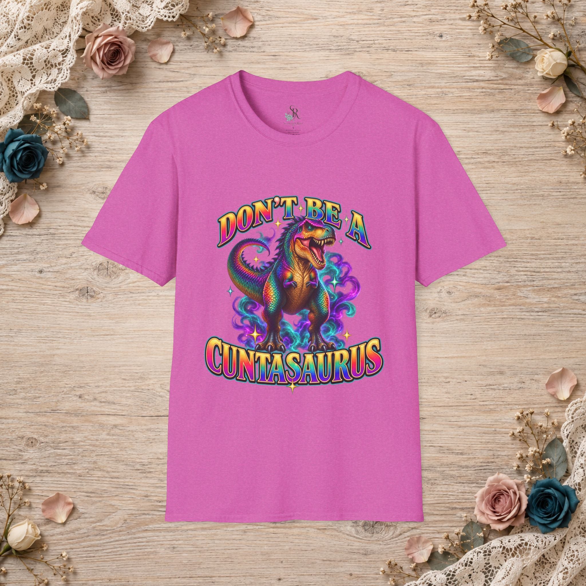 Heather berry Don’t Be a Cuntasaurus colorful dinosaur graphic tee