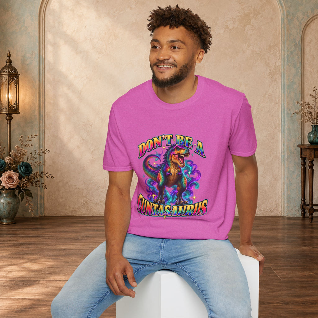 Man wearing a heather berry Don’t Be a Cuntasaurus funny dinosaur T-shirt
