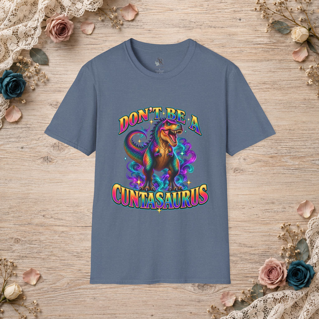 Heather indigo Don’t Be a Cuntasaurus rainbow dinosaur graphic T-shirt