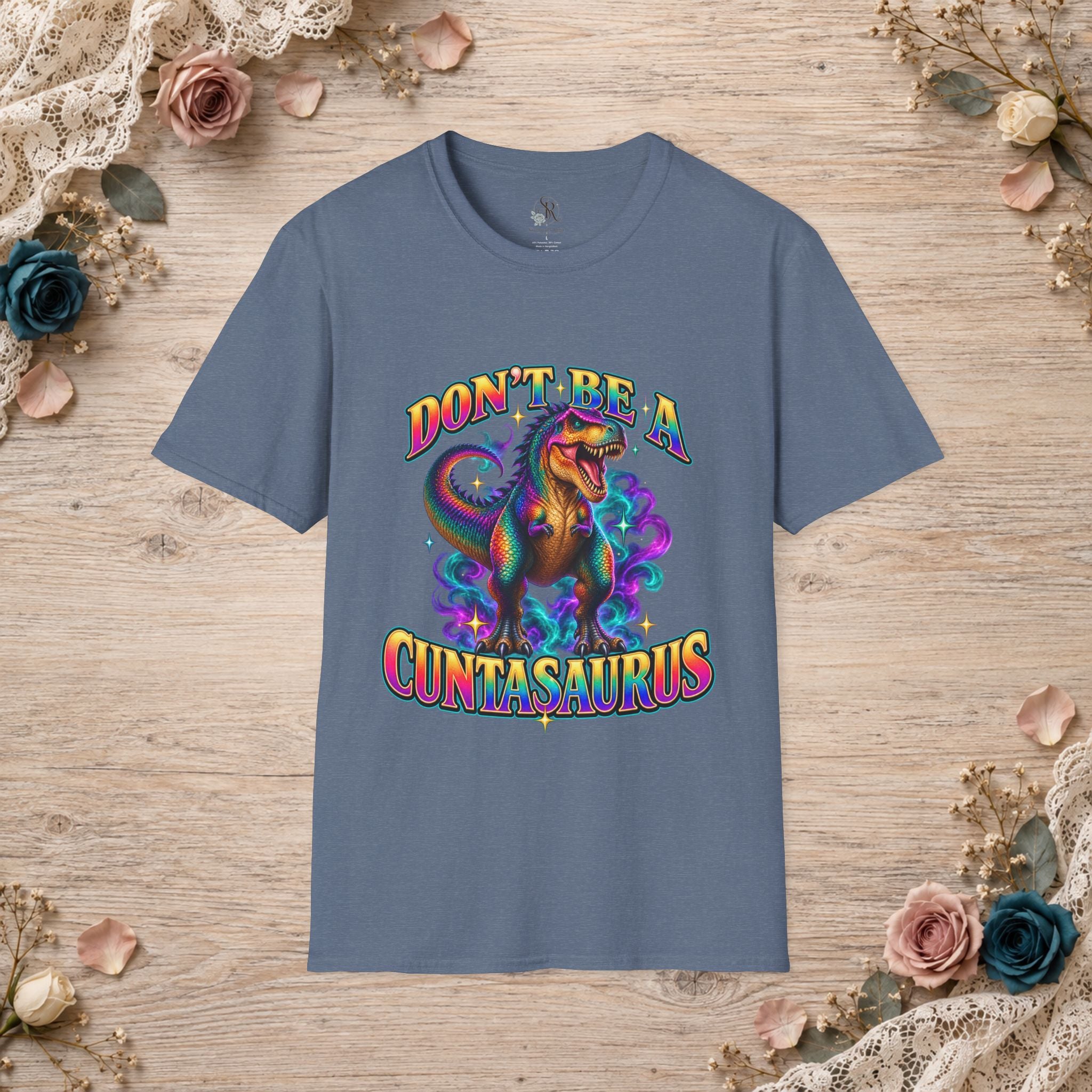 Heather indigo Don’t Be a Cuntasaurus rainbow dinosaur graphic T-shirt