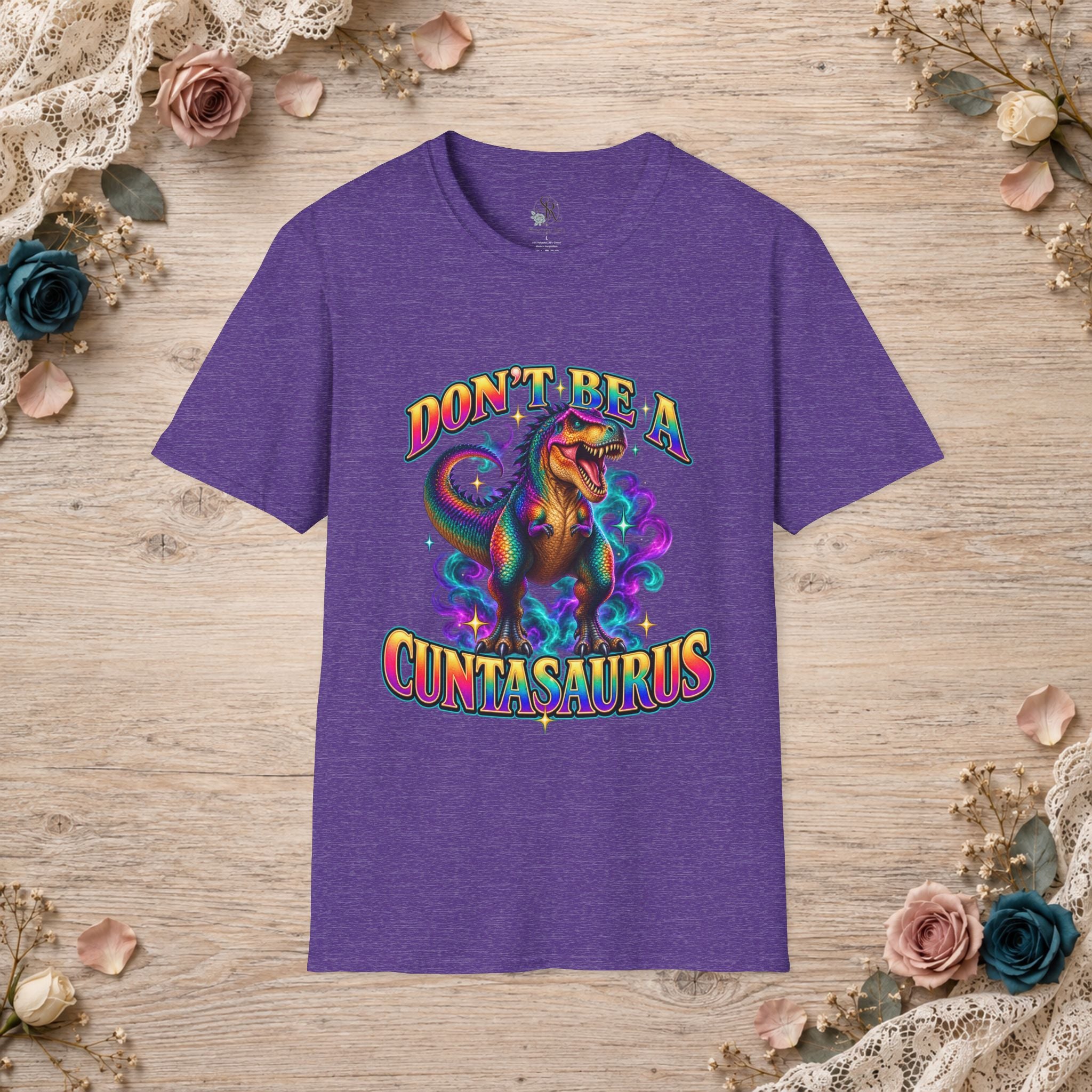 Heather purple Don’t Be a Cuntasaurus adult humor dinosaur T-shirt