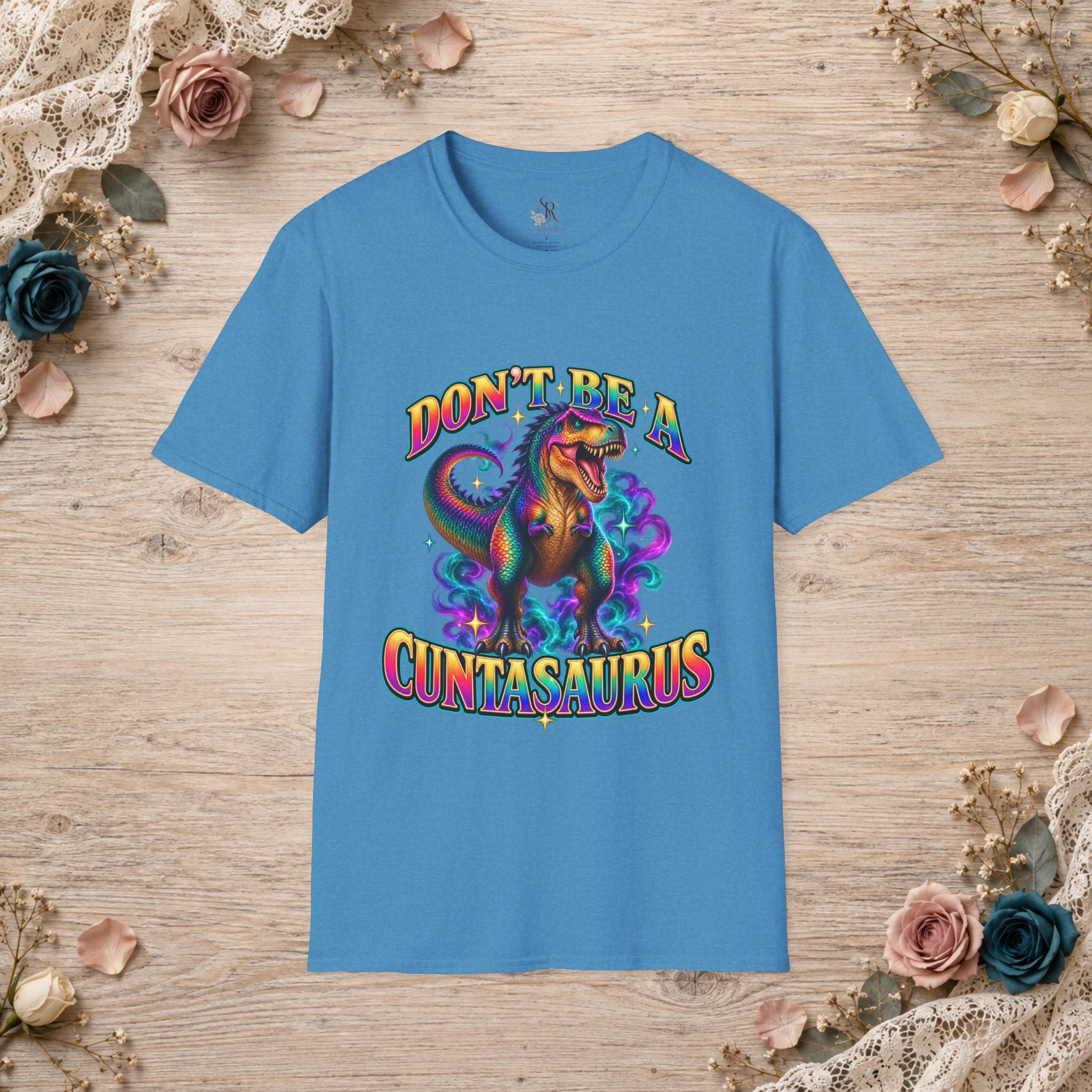Heather sapphire Don’t Be a Cuntasaurus colorful T. rex graphic T-shirt