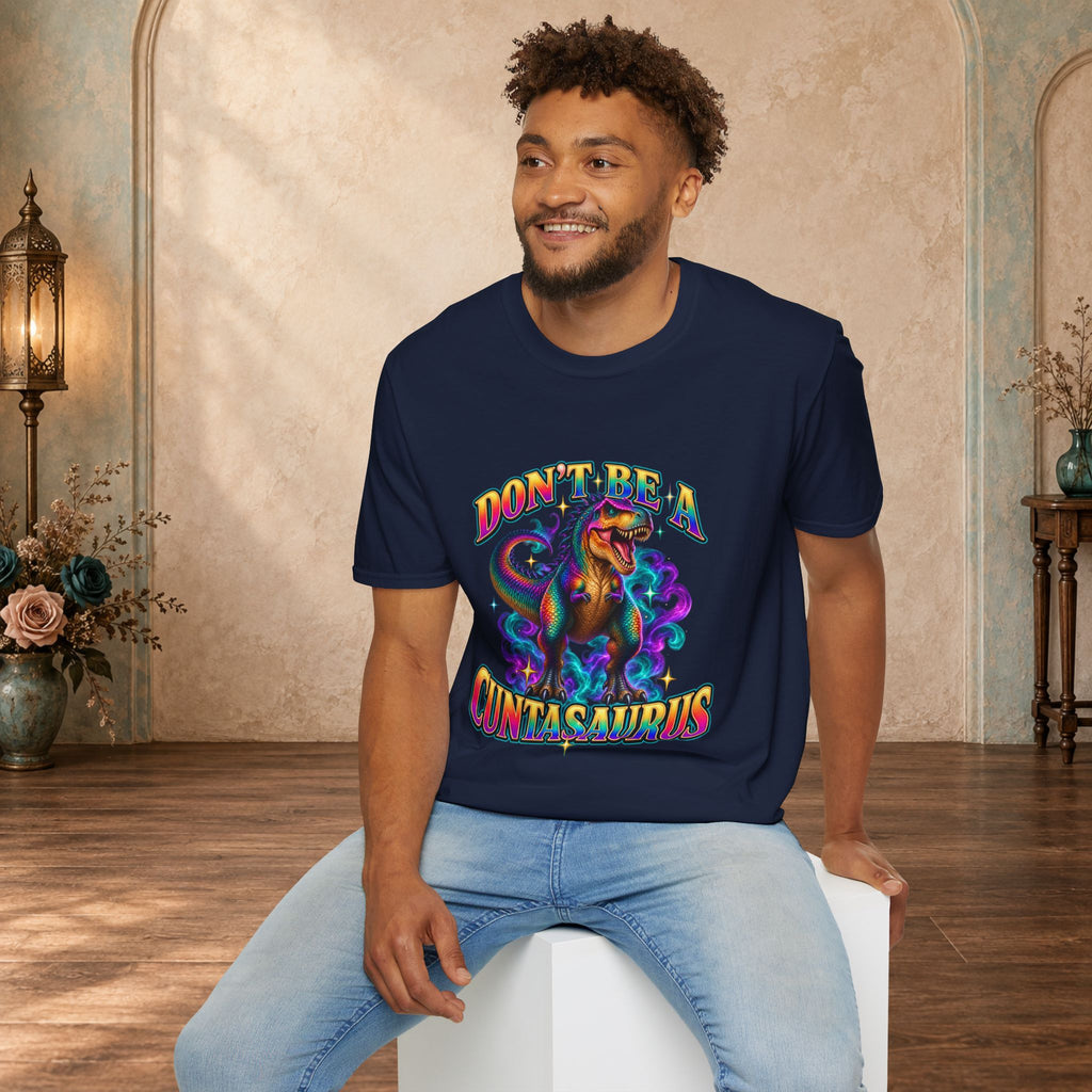 Man wearing a navy Don’t Be a Cuntasaurus adult humor dinosaur T-shirt