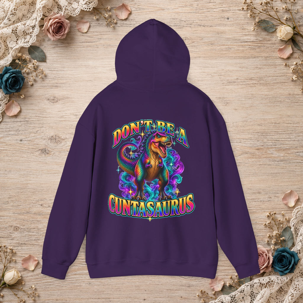 Purple Don’t Be a Cuntasaurus hoodie with a colorful dinosaur graphic printed on the back