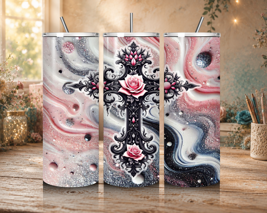 Faith in Bloom 20 oz tumbler design featuring an ornate black cross decorated with pink roses over a sparkling pink, silver, white, and black marble background.
