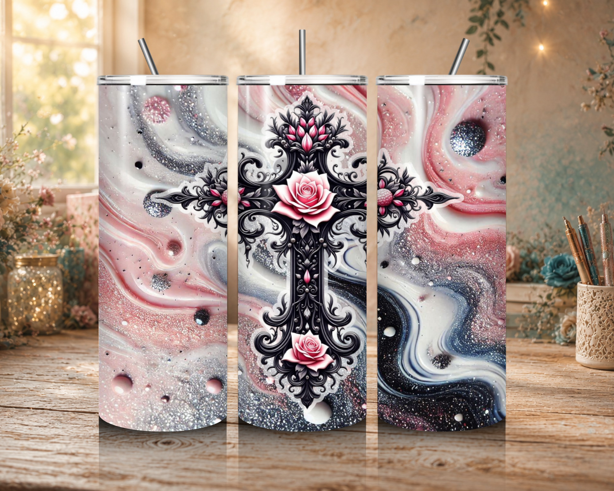 Faith in Bloom 20 oz tumbler design featuring an ornate black cross decorated with pink roses over a sparkling pink, silver, white, and black marble background.