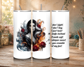 Femme Fatale 20 oz tumbler design featuring a grayscale dark-haired woman surrounded by red roses, flames, smoky swirls, and a dark warning quote.
